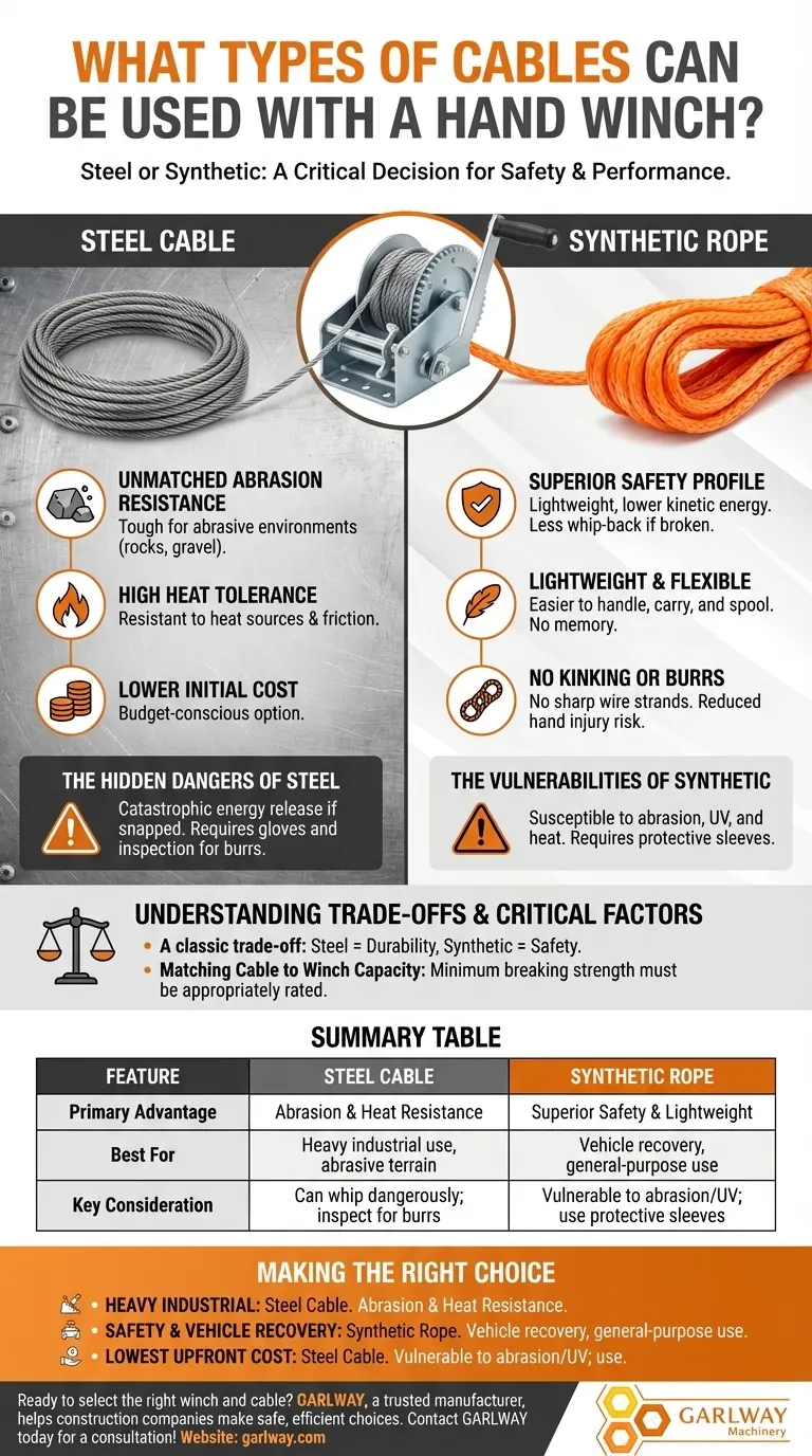 ما هي أنواع الكابلات التي يمكن استخدامها مع الرافعة اليدوية؟ اختر بين الفولاذ أو الاصطناعية من أجل السلامة والأداء دليل مرئي