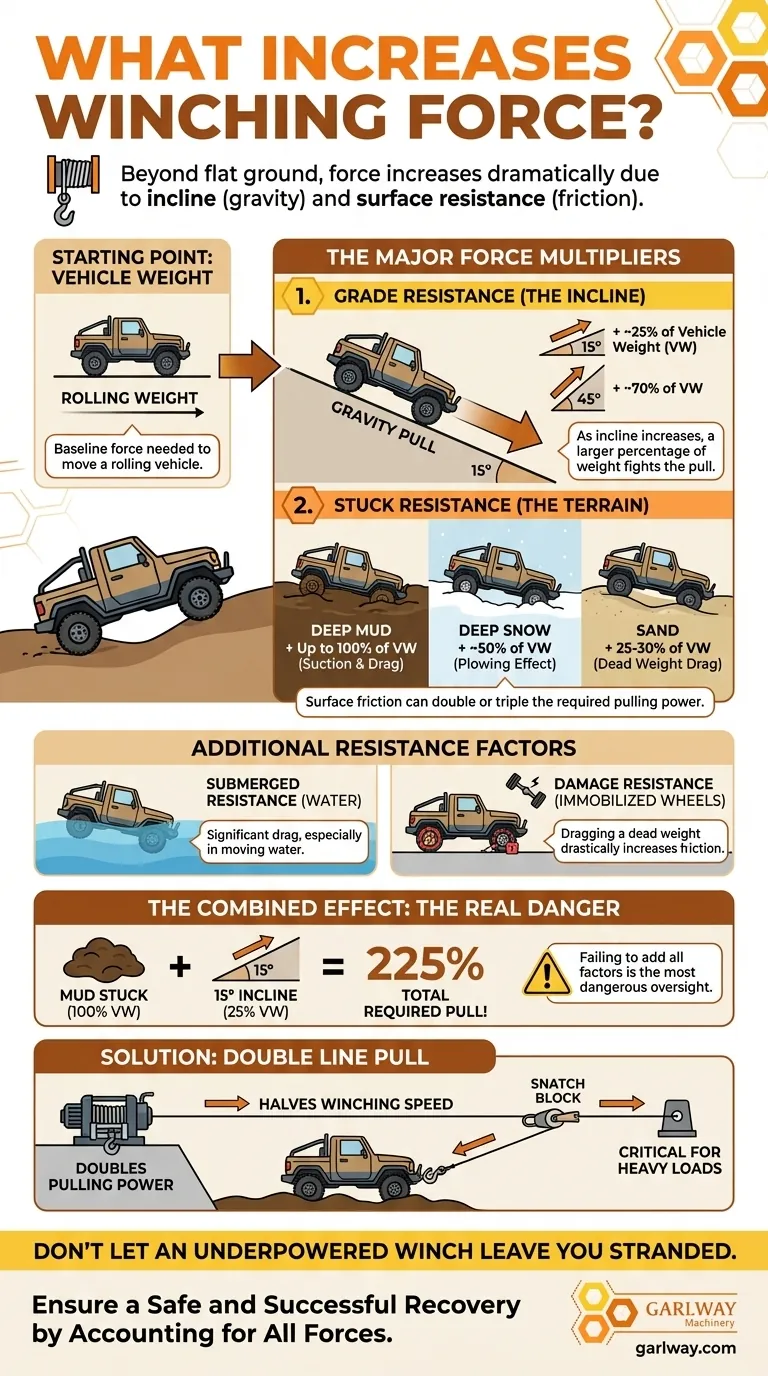 필요한 윈칭 힘을 증가시키는 요인은 무엇입니까? 경사와 지형이 어떻게 하중을 두 배로 늘릴 수 있습니까? 시각적 가이드