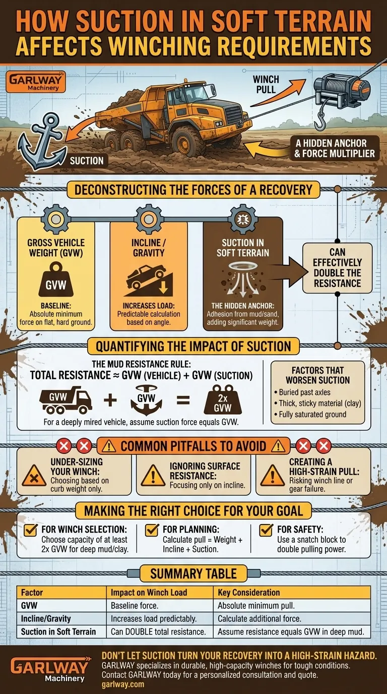 부드러운 지형에서의 흡입력이 윈치 요구 사항에 어떤 영향을 미칩니까? 위험한 복구 실수를 피하십시오. 시각적 가이드