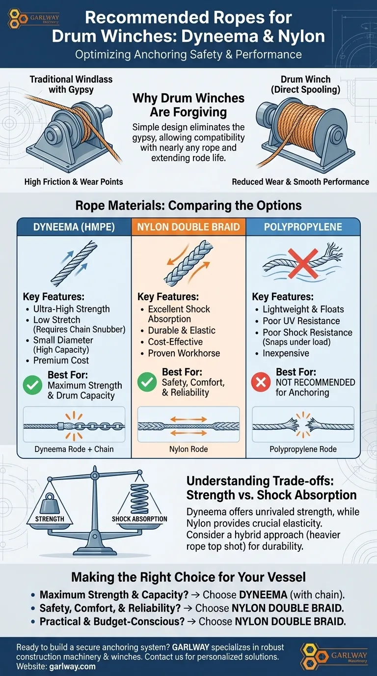 드럼 윈치에 권장되는 로프 종류는 무엇인가요? 다이니마 강도와 나일론 신뢰성 중에서 선택하세요 시각적 가이드