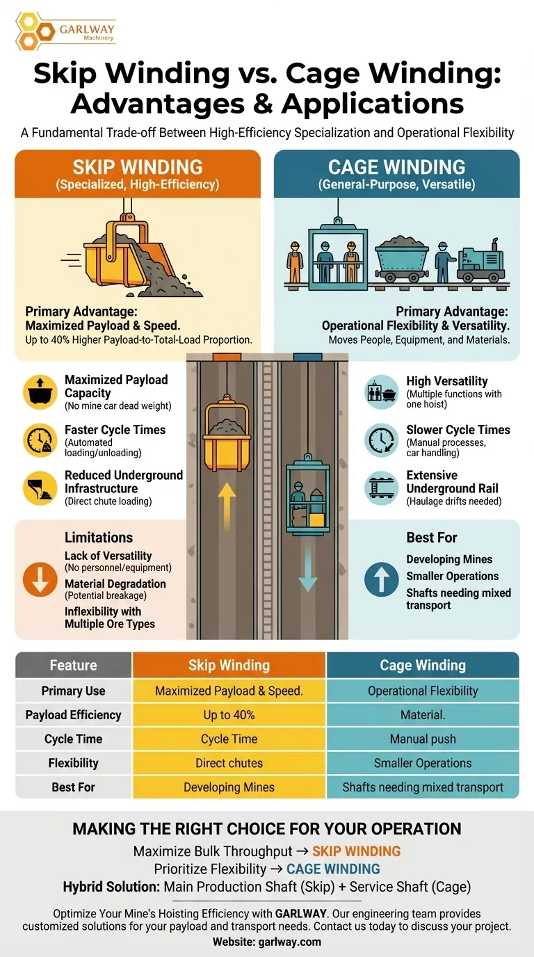 스키프 권양 방식이 케이지 권양 방식에 비해 갖는 장점은 무엇인가요? 최대 적재량 및 속도 향상 시각적 가이드