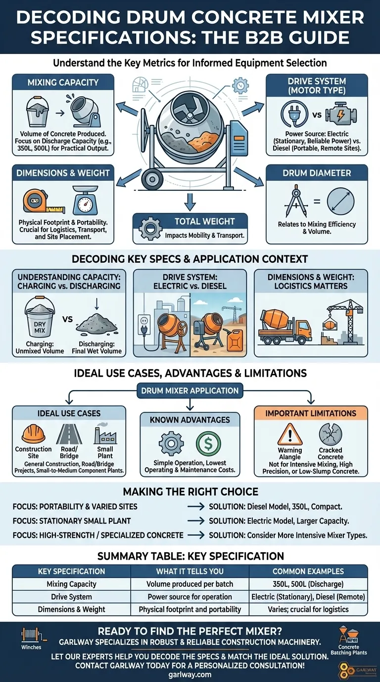 Quelles spécifications sont généralement répertoriées pour les bétonnières à tambour ? Choisissez la bonne bétonnière pour vos besoins de construction. Guide Visuel