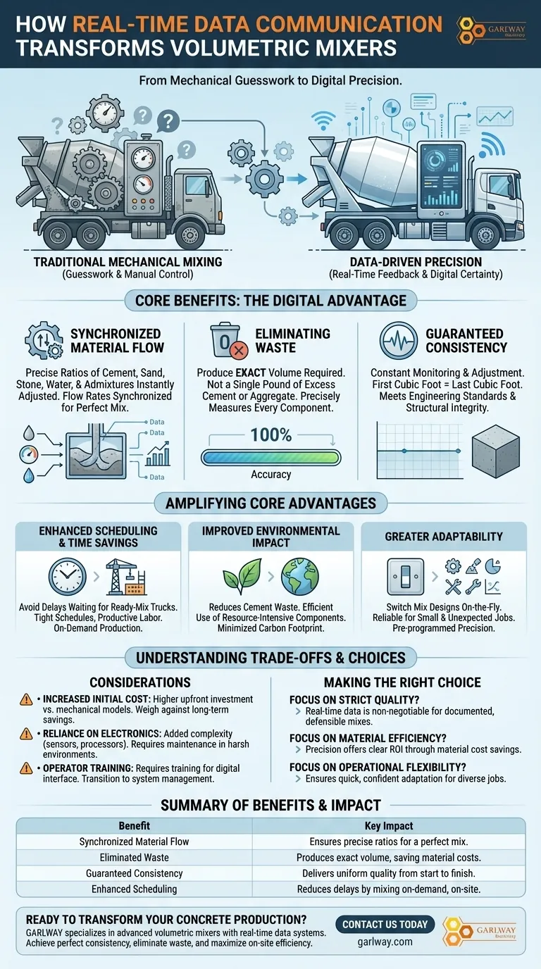 실시간 데이터 통신이 부피 믹서에 어떤 이점을 제공하나요? 정밀도와 제로 폐기물 활용 시각적 가이드