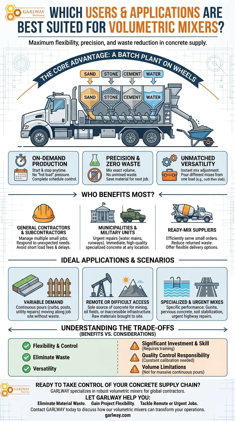 볼류메트릭 믹서에 가장 적합한 사용자와 애플리케이션은 무엇인가요? 주문형 콘크리트 및 제로 웨이스트 달성 시각적 가이드