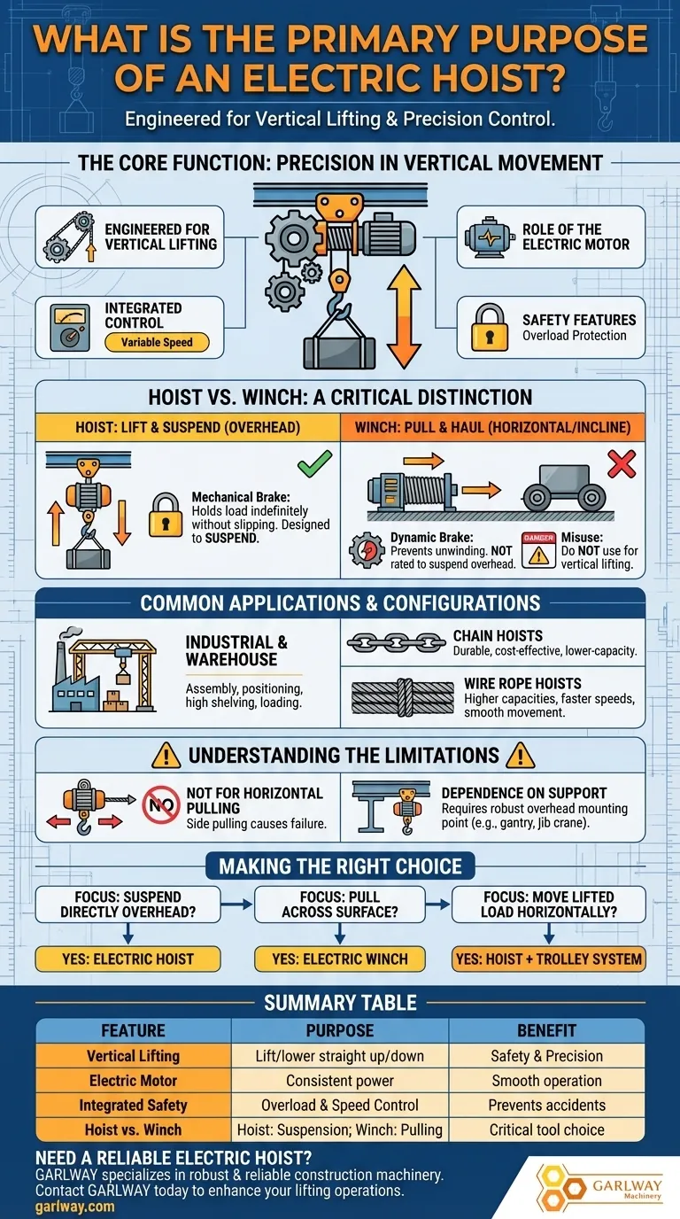 전동 호이스트의 주요 목적은 무엇인가요? 무거운 짐을 정밀하게 안전하게 들어 올리는 것 시각적 가이드
