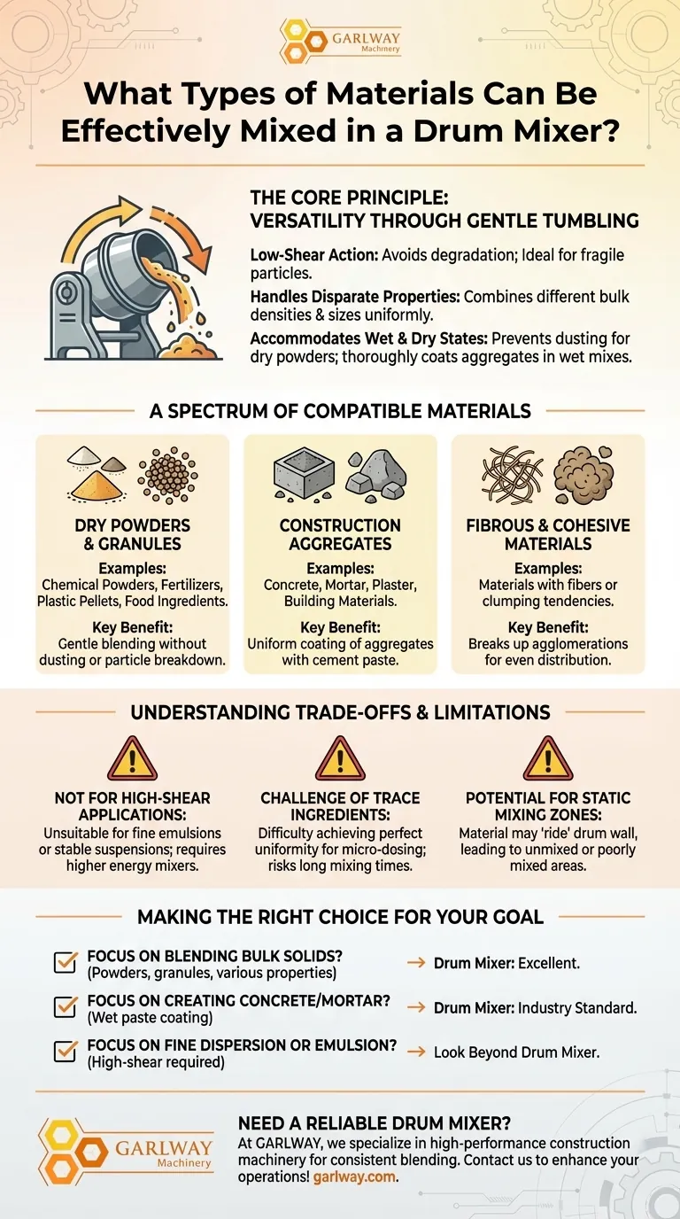 드럼 믹서로 효과적으로 혼합할 수 있는 재료의 종류는 무엇입니까? 건조, 습식 및 섬유질 재료를 위한 다목적 혼합 시각적 가이드