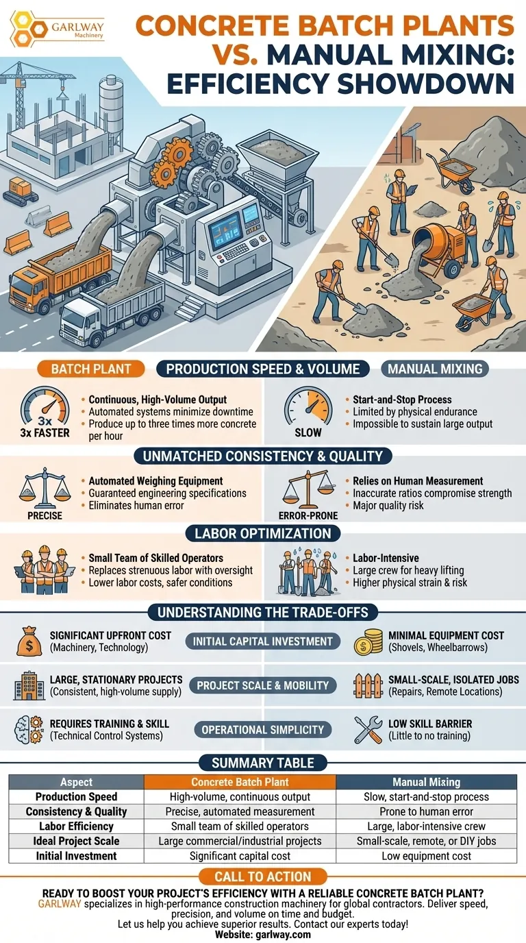 콘크리트 배치 플랜트와 수동 혼합 비교하기? 3배 빠른 생산량 및 비교할 수 없는 품질을 확보하세요 시각적 가이드