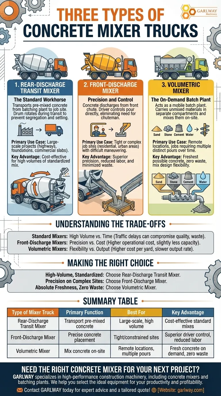 ¿Cuáles son los tres tipos de camiones mezcladores de concreto? Elija el adecuado para su proyecto Guía Visual
