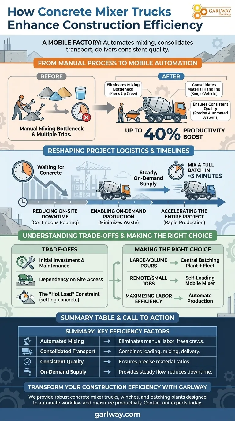 Comment les camions malaxeurs à béton améliorent-ils l'efficacité de la construction ? Augmentez la productivité de 40 % grâce à l'automatisation mobile Guide Visuel