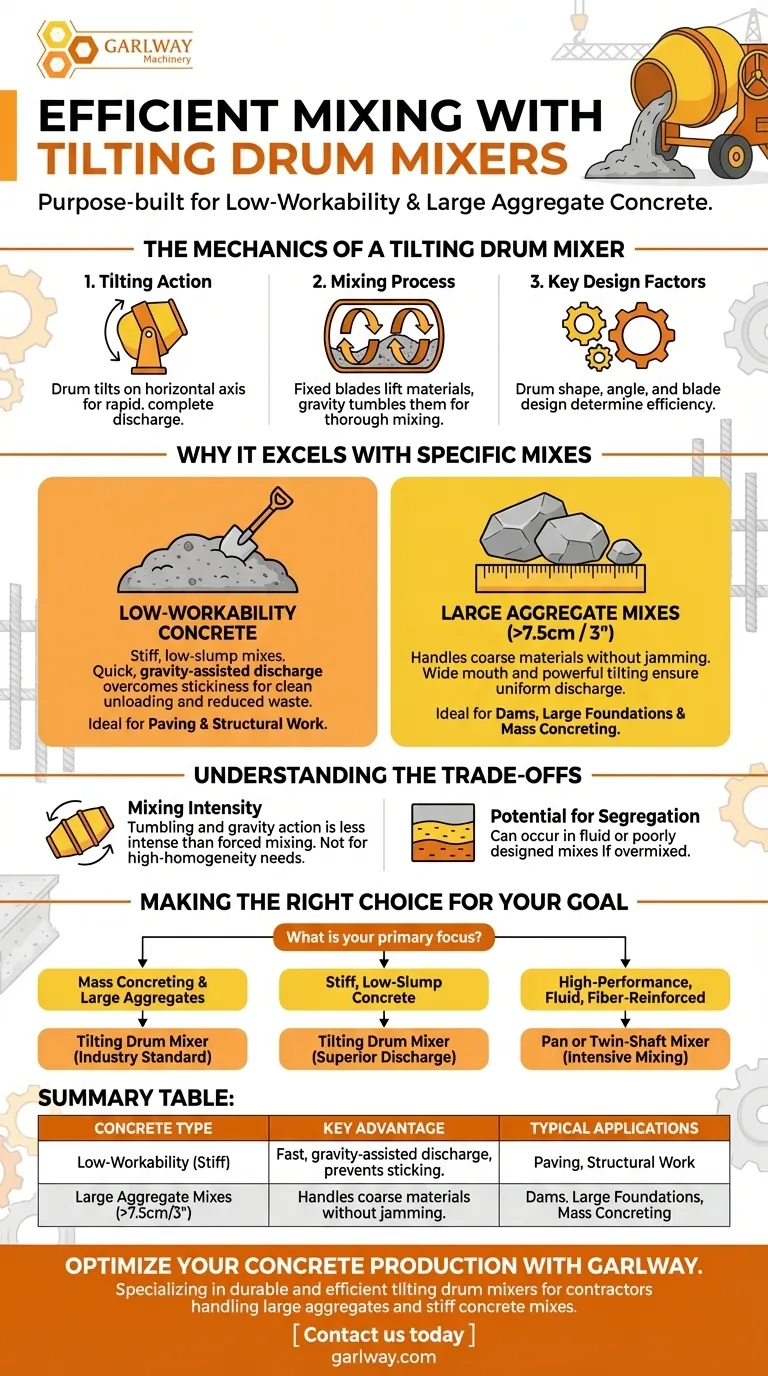 틸팅 드럼 믹서로 효율적으로 혼합할 수 있는 콘크리트 종류는 무엇인가요? 대형 골재 및 뻑뻑한 혼합물에 이상적입니다. 시각적 가이드
