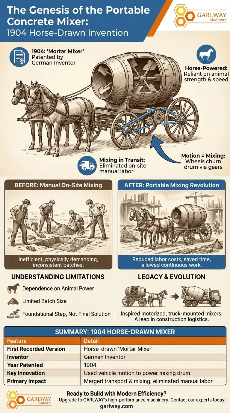 Quelle était la première version enregistrée de la bétonnière portable et qui l'a inventée ? Découvrez l'innovation tirée par des chevaux de 1904 Guide Visuel