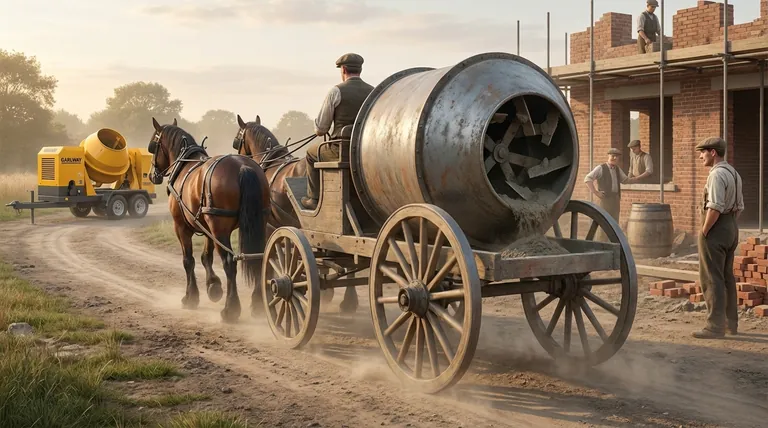 Quelle était la première version enregistrée de la bétonnière portable et qui l'a inventée ? Découvrez l'innovation tirée par des chevaux de 1904