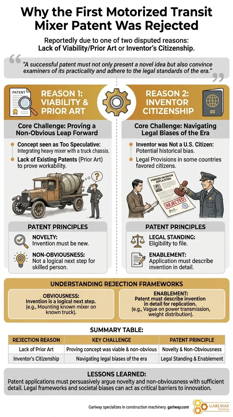 동력 운반 믹서에 대한 초기 특허가 거부된 이유는 무엇인가요? 주요 법적 장애물 설명 시각적 가이드