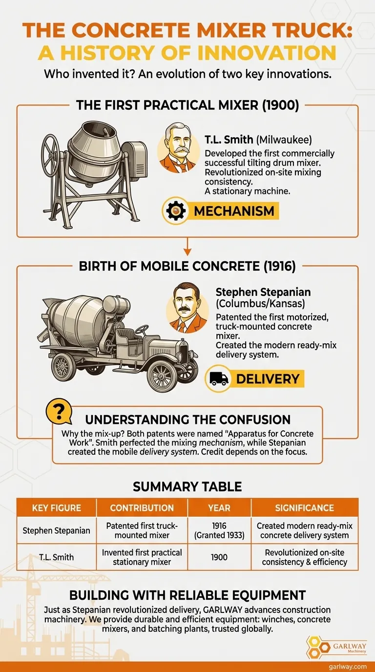 Qui a inventé le premier camion malaxeur à béton ? L'histoire de la révolution mobile de Stephen Stepanian Guide Visuel