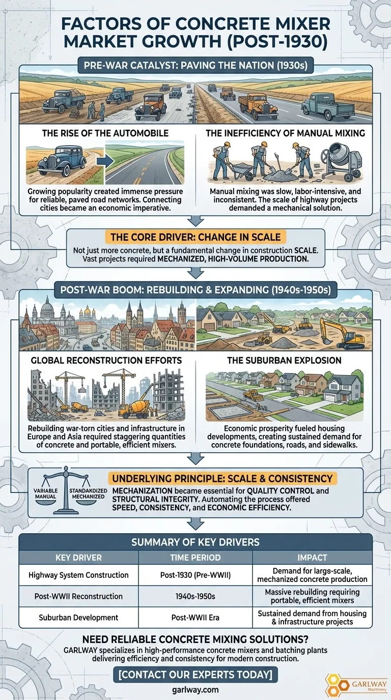 ¿Qué factores contribuyeron al crecimiento del mercado de hormigoneras después de 1930? | GARLWAY Guía Visual