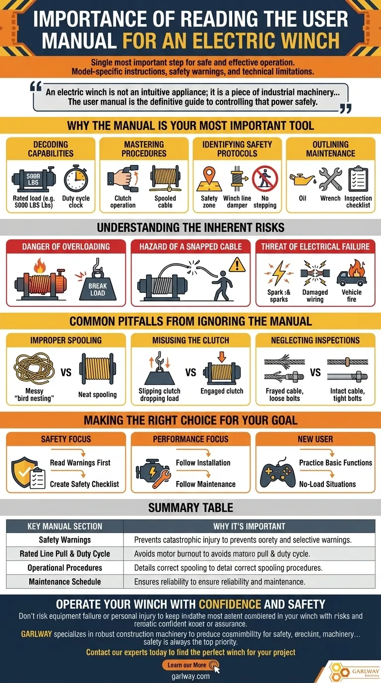 전동 윈치 사용자 설명서를 읽는 것의 중요성은 무엇인가요? 안전 및 성능에 필수적입니다. 시각적 가이드