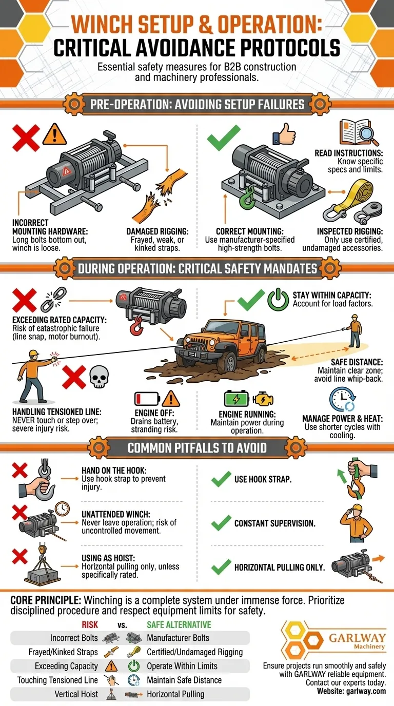 What should you avoid using while setting up the winch? Key Safety Errors to Prevent Visual Guide