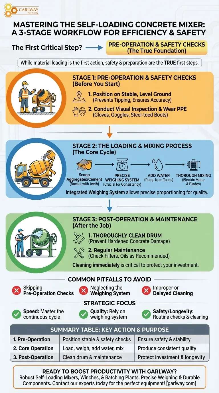 Quelle est la première étape critique dans le fonctionnement d'une bétonnière automotrice ? Maîtriser le flux de travail en 3 étapes Guide Visuel