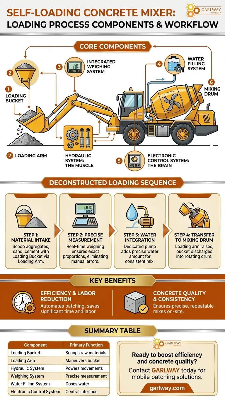 자가 로딩 콘크리트 믹서의 로딩 과정에는 어떤 구성 요소가 포함됩니까? 주요 시스템 가이드 시각적 가이드