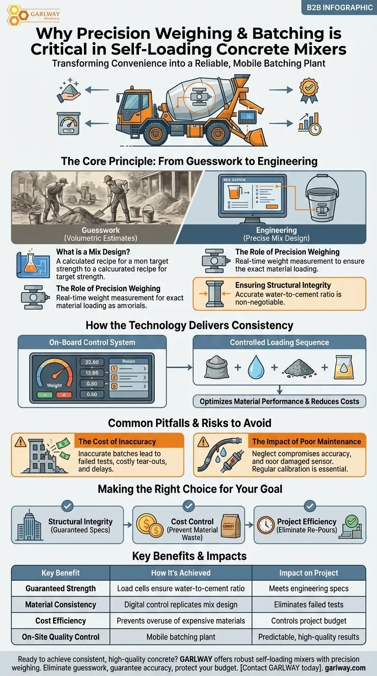 자가 로딩 콘크리트 믹서에서 계량 및 배치 작업이 중요한 이유는 무엇인가요? 품질 및 강도 보장 시각적 가이드