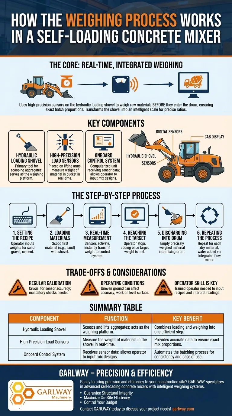كيف تعمل عملية الوزن في خلاط الخرسانة ذاتي التحميل؟ تحقيق خلط خرسانة دقيق في الموقع دليل مرئي