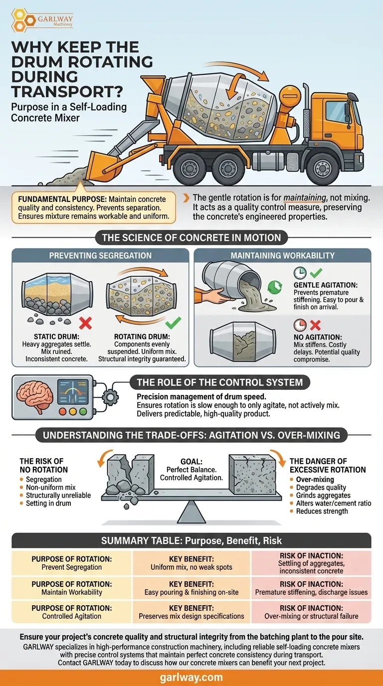 자가 로딩 콘크리트 믹서에서 운송 중 드럼을 계속 회전시키는 목적은 무엇입니까? 품질 및 일관성 보장 시각적 가이드
