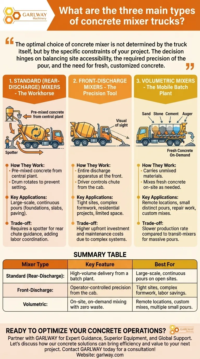 Quels sont les trois principaux types de camions malaxeurs à béton ? Trouvez le malaxeur adapté à votre projet de construction Guide Visuel