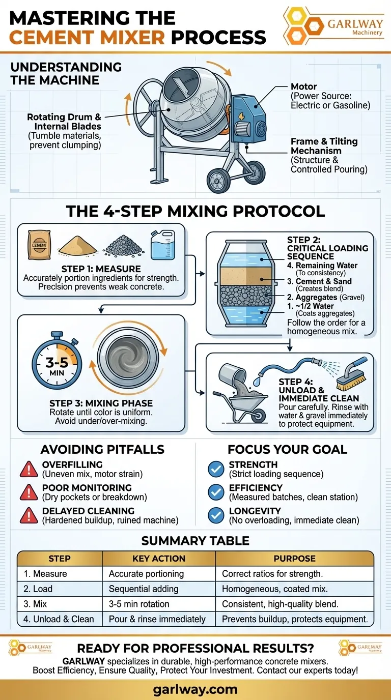 What are the steps involved in the mixing process of a cement mixer? A Guide to Perfect Concrete Every Time Visual Guide