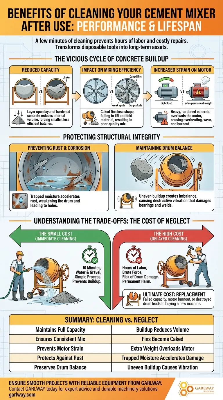How does cleaning a cement mixer after use benefit its performance? Maximize Lifespan and Mix Quality Visual Guide