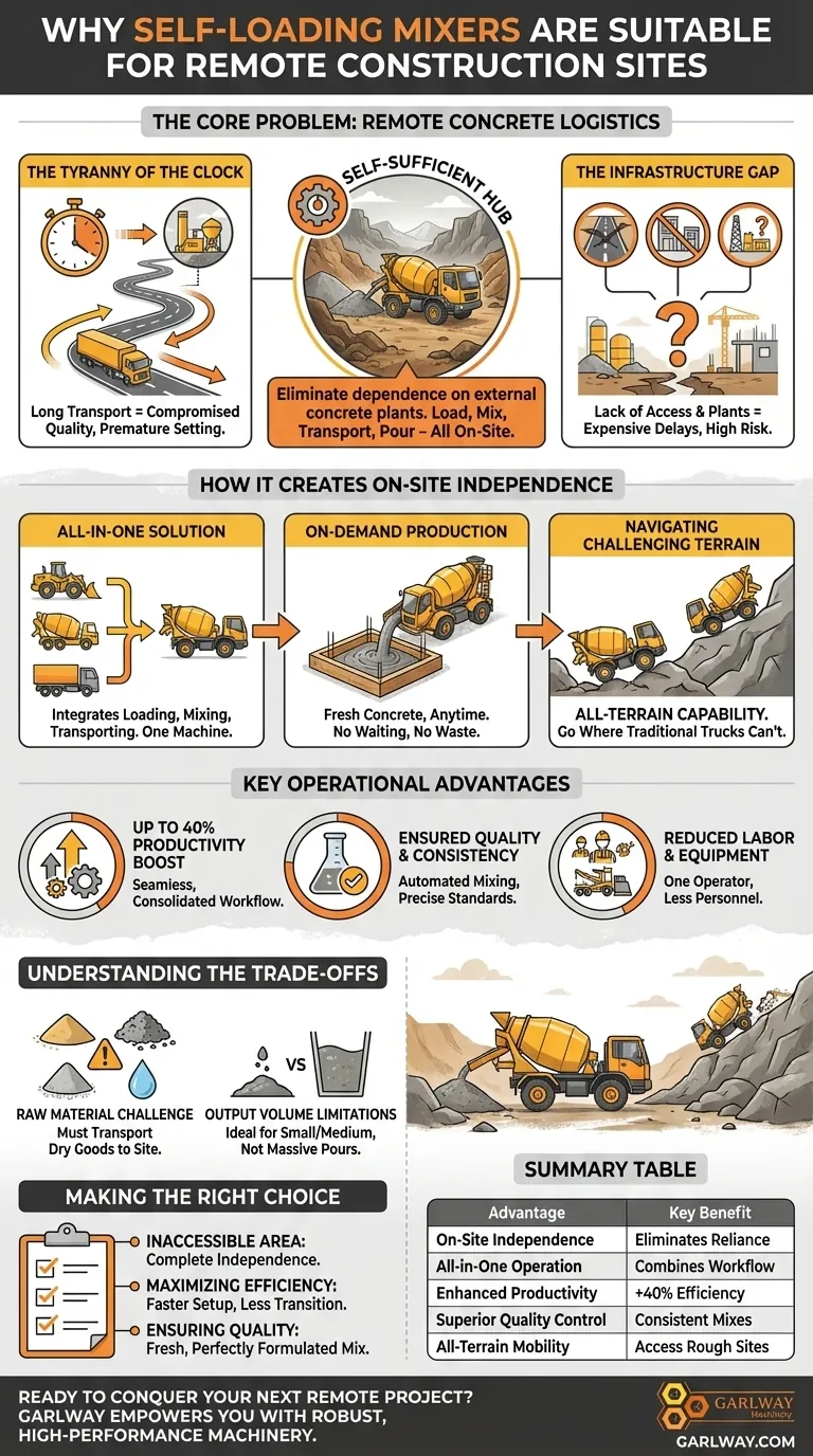 원격 건설 현장에 자체 로딩 믹서가 적합한 이유는 무엇인가요? 현장에서 콘크리트 완전 자립 달성 시각적 가이드