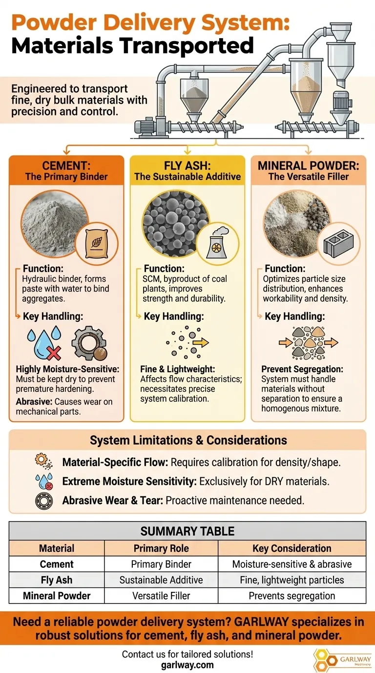 분말 이송 시스템에서 일반적으로 어떤 재료를 운송하나요? 시멘트, 플라이 애시, 광물 분말 시각적 가이드