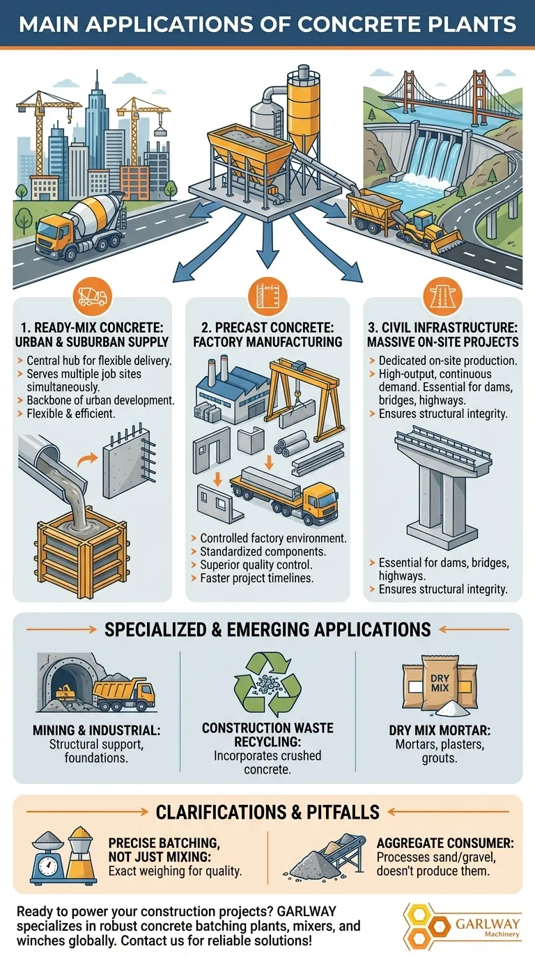 ما هي التطبيقات الرئيسية لمصانع الخرسانة؟ تشغيل مشاريع الخرسانة الجاهزة، والخرسانة مسبقة الصب، ومشاريع البنية التحتية دليل مرئي