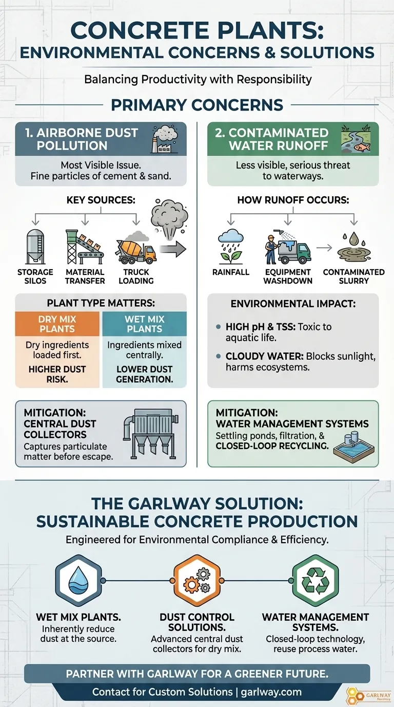 콘크리트 플랜트와 관련된 환경 문제는 무엇입니까? 먼지 및 수질 오염 최소화 시각적 가이드