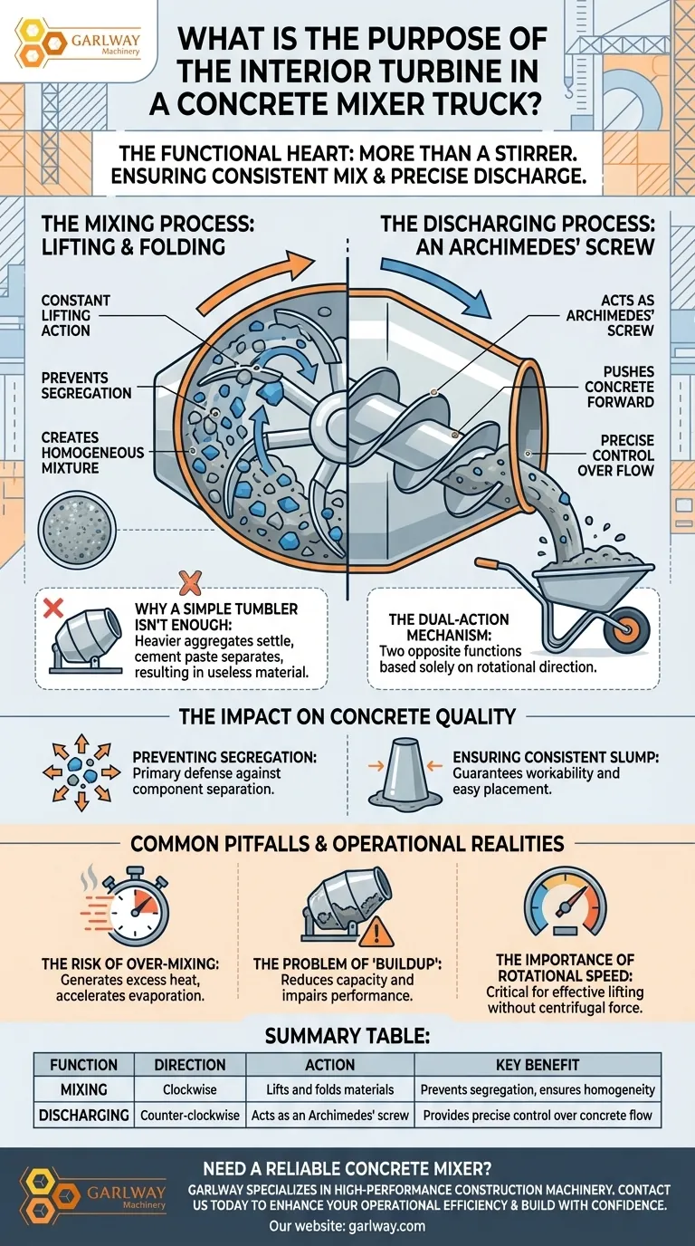 Quel est le but de la turbine intérieure d'un camion malaxeur à béton ? Assurer une qualité de béton constante Guide Visuel
