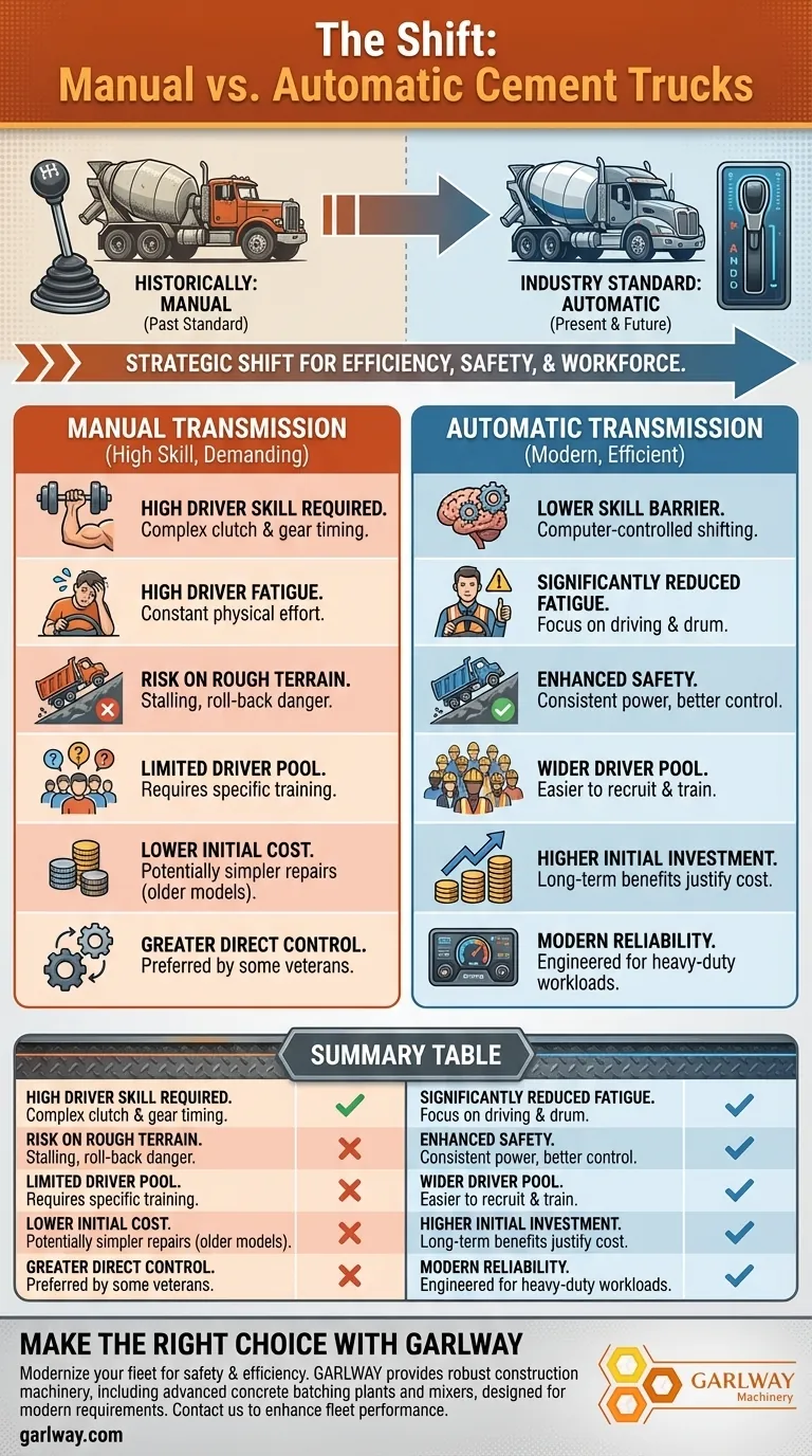 Les camions malaxeurs sont-ils généralement automatiques ou manuels ? L'évolution de l'industrie vers l'automatique pour l'efficacité et la sécurité Guide Visuel