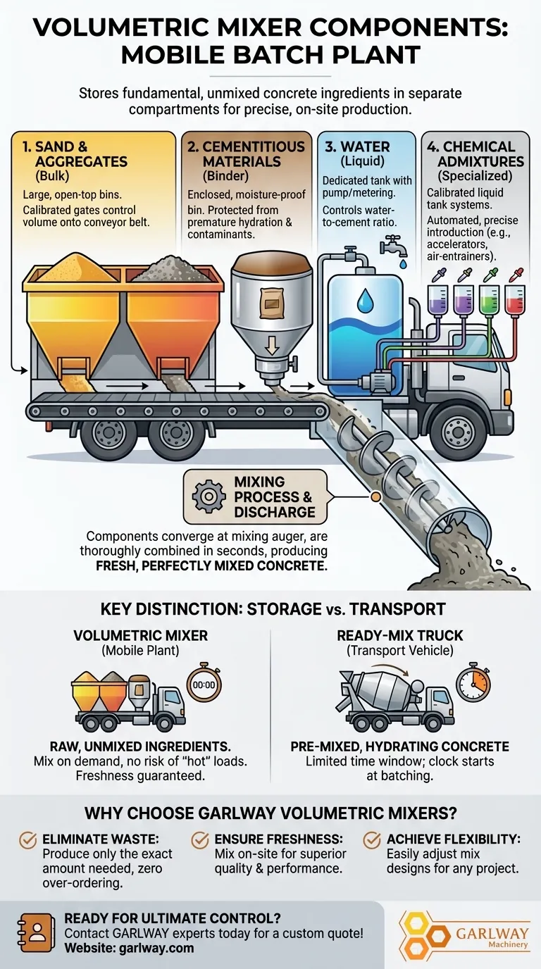 Quais são os principais componentes armazenados em um misturador volumétrico? Descubra a Vantagem da Usina de Concreto Móvel Guia Visual