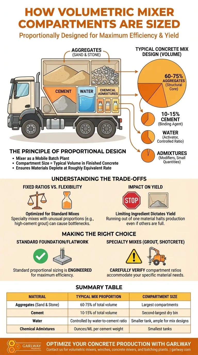 볼류메트릭 믹서에서 재료 칸의 크기는 어떻게 결정되나요? 표준 콘크리트 배합에 최적화 시각적 가이드