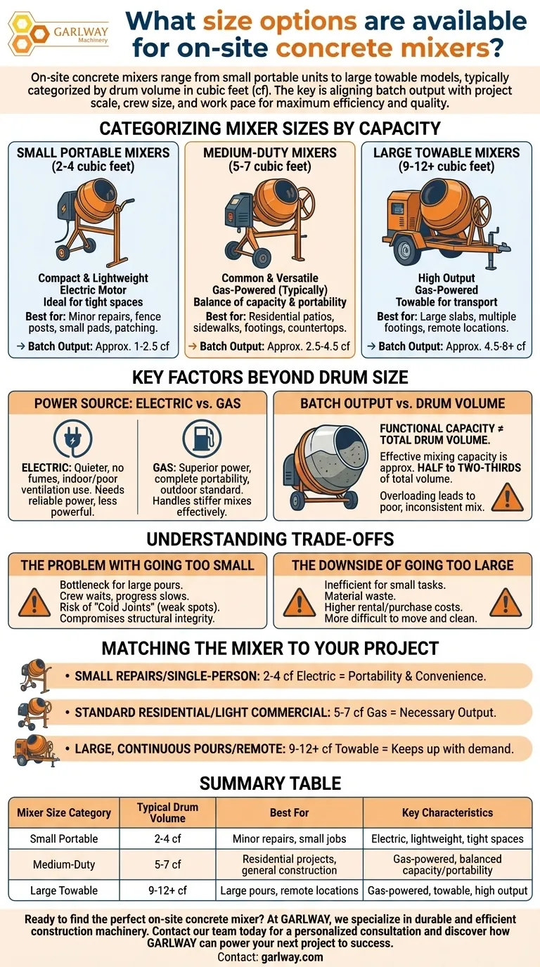 ¿Qué opciones de tamaño están disponibles para las hormigoneras in situ? Encuentre el ajuste perfecto para su proyecto Guía Visual